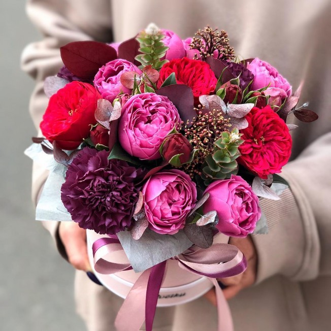 Flowers in box №9 - peony roses, skimia, carnation, eucalyptus